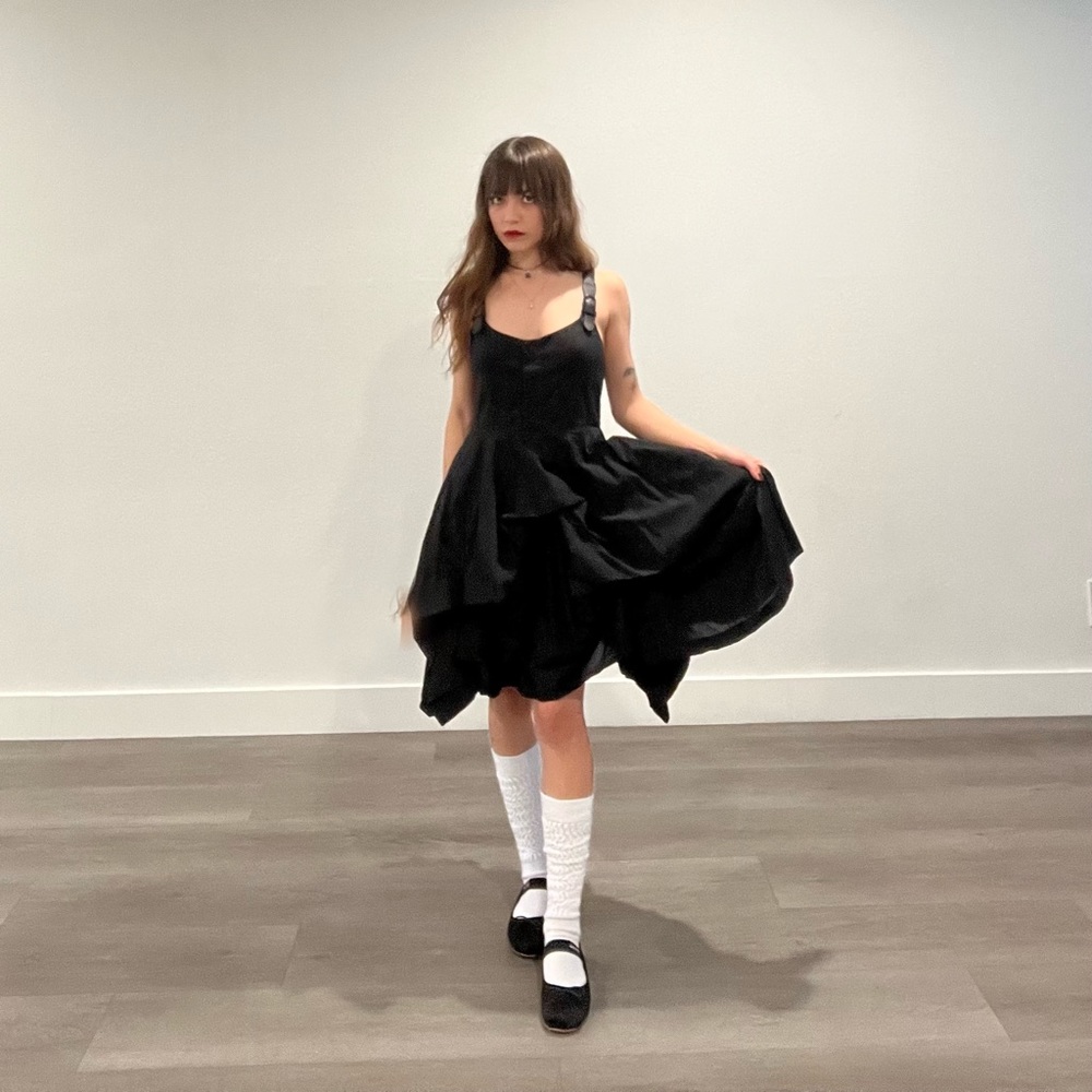 Allsaints Black parachute dress with leather buckle straps